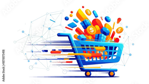 Vibrant shopping cart filled with colorful online commerce icons and digital design elements.