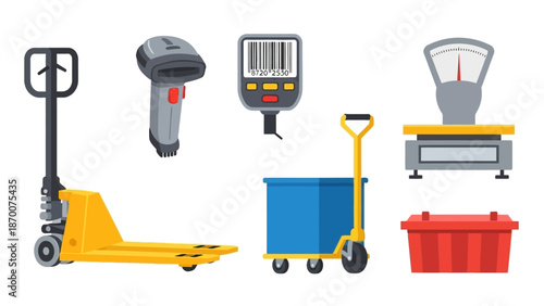 Assorted warehouse equipment including pallet jack, barcode scanner, scale, hand truck, carts and bins in industrial setting.