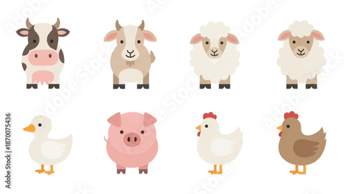 Whimsical Farmyard Animals: Cute Cartoon Sheep, Pig, Cow, Chicken and Duck Illustration Set.