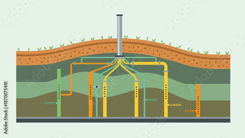 Underground cross section of a tunnel with layered earth, supports, and infrastructure for subway systems.