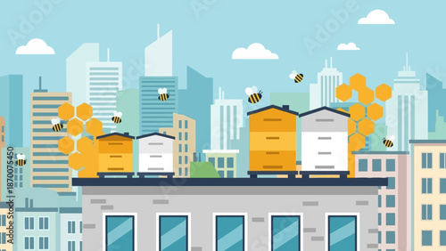 Sunny city skyline with colorful rooftops, modern highrise buildings, and a vibrant urban panorama.