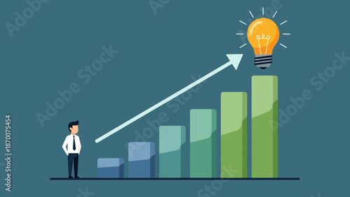 Entrepreneurial growth concept with presenter beside increasing bar chart and illuminated idea bulb.