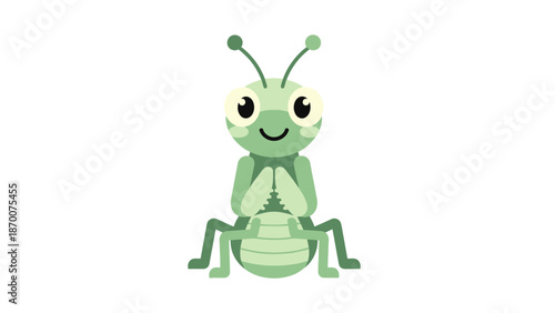 Playful green cartoon mantis character with a friendly expression.