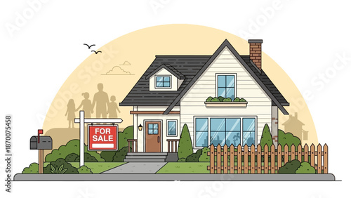 Charming suburban house with a front yard and for sale sign in a quiet neighborhood.