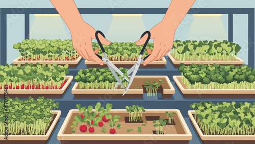 Hands Trim Seedlings in Greenhouse Trays: Early Stage Plant Care in Nursery.