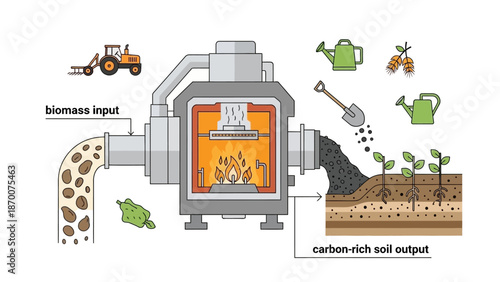 Illustration of a Biomass Energy System with Boiler, Pellets, and Emissions Output.
