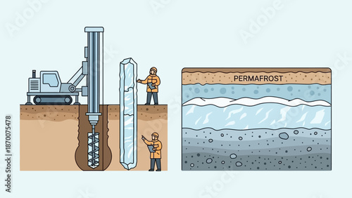 Illustration of drilling rig extracting groundwater from layered earth with workers and containment tank.