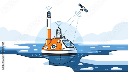 Illustrated lighthouse boat navigating icy polar waters with satellite technology and oceanic scenery.