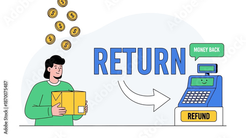 Customer Returns and Refund Processing at Checkout Desk with Package Return Illustration.