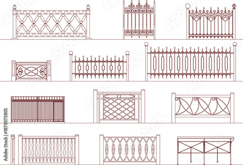 Technical vector collection of decorative iron fence and railing designs, featuring various ornate and geometric metal patterns.
