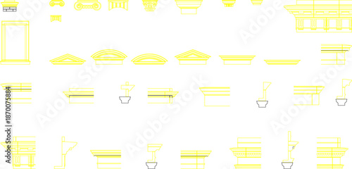 Technical vector collection of classical architectural elements, featuring pediments, cornices, and decorative wall trims.