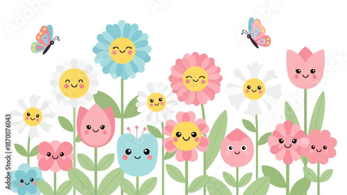 Colorful Cartoon Flowers with Smiling Faces.