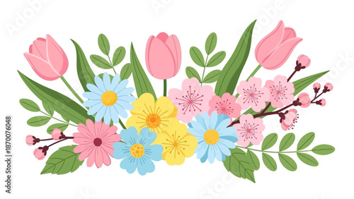 Colorful Digital Illustration of Flowers and Leaves.