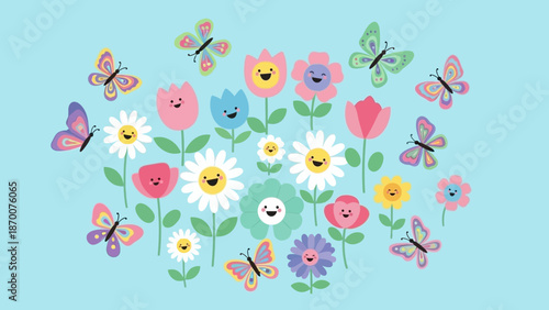 Colorful Flowers and Butterflies Illustration.