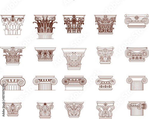 Technical vector collection of various classical column capitals, featuring Ionic, Corinthian, and decorative ornate styles.
