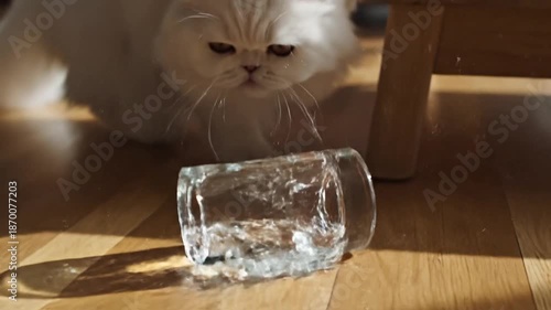 Wallpaper Mural Fluffy white cat curiously looking at a glass of water on a wooden table Torontodigital.ca
