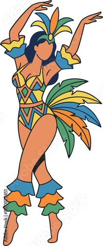 Woman in colorful carnival costume dancing samba on tiptoes