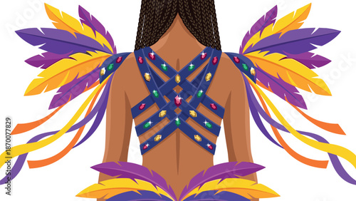 Close-up of Carnival costume with feathers and jewels on dancer's back