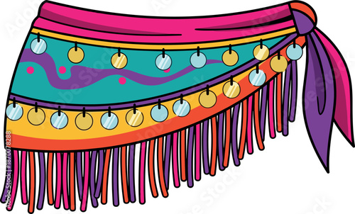 Colorful belly dance hip scarf with fringe and coins