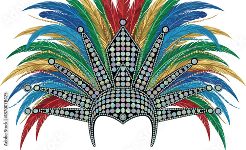 Elaborate carnival headdress with colorful feathers and mirrored accents