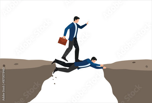 Selfish employee take advantage of other people, supporting boss help other to achieve career success concept, strong business manager use himself as human bridge for other to get pass the cliff.