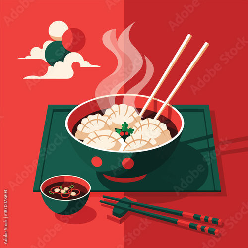 Steaming bowl of dumplings with dipping sauce and chopsticks