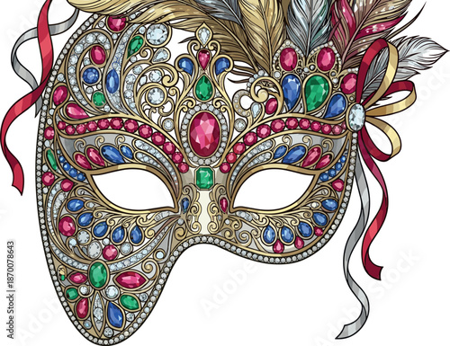 Ornate Venetian mask with gemstones and feathers, festive celebration