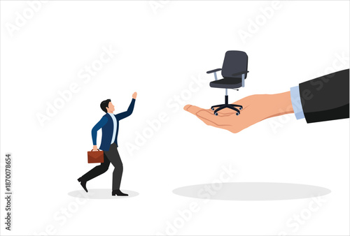 Career advancement, job promotion or career development or management or executive opportunity in company concept, boss helping hand give management chair to happy ambitious office businessman worker.