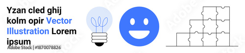 Innovation, happiness, teamwork, creativity, problem-solving, collaboration. A light bulb, happy face and stack of puzzles. Innovation and happiness with clear symbols