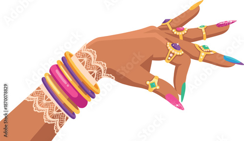 Elegant hand adorned with jewelry and long, colorful nails