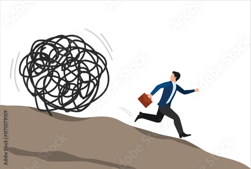 Run away from trouble, avoid from working stress, conflict with people or escape from financial problem or economic crisis concept, fear businessman running away from trouble circle.