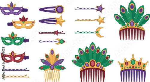 Collection of Mardi Gras themed hair accessories and combs