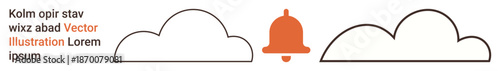Alerts, notifications, usability, cloud services, technology apps, data management. Outlined cloud shapes with a central bell icon. Alerts and notification visually