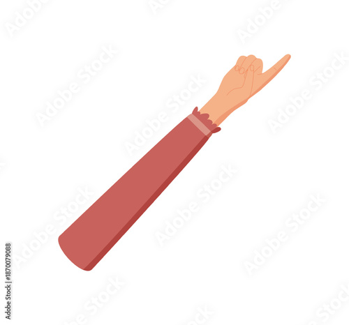 Flat cartoon graphic style female hand gesture with one finger showing up. Hand signal for number one count with arm clothed in sleeve. Suitable for education concepts.