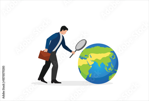 global economic analysis, world economic outlook, research for investment in various countries, Analyze job opportunities abroad, businessman with magnifying glass analyzing business in global economy