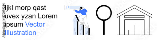 Business planning, analytics, market research, data trends, inventory management, storage solutions. Person standing on bar chart searching with magnifying glass, warehouse outline. Business growth
