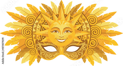 Golden sun mask with feathers, stylized for Carnival celebration