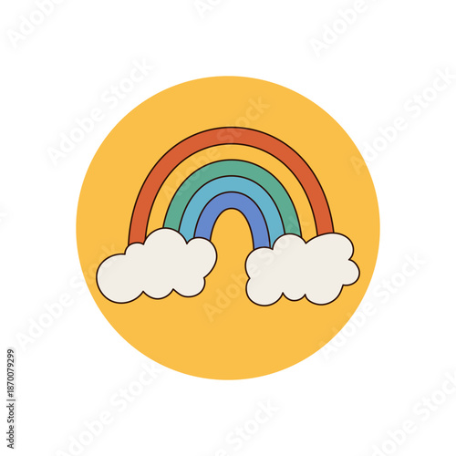 Groovy retro sticker with a colorful rainbow and fun cartoon badge in a circle label. This playful y2k lid design adds charm to any package as trendy product accent.