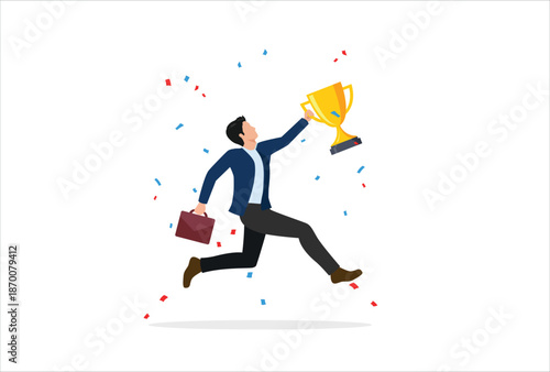 Celebrate work achievement, success or victory, winning prize or trophy, challenge or succeed in business competition concept, happy businessman holding winning trophy jumping high for celebration.
