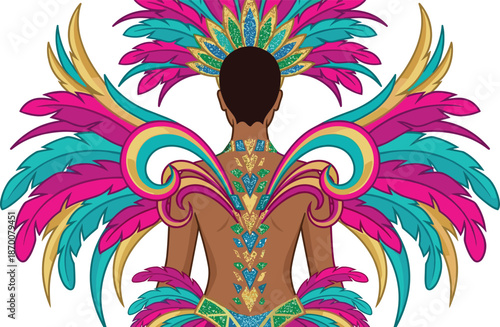 Person in vibrant Carnival costume with elaborate feather headdress