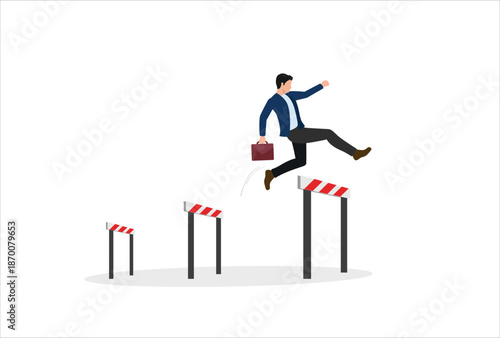 Entrepreneur overcome hurdle obstacle challenge, progress over business barrier, ambition or solution to solve problem, determination or leader, businessman entrepreneur jump hurdling over obstacles.