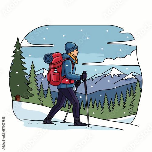 Woman hiking in snowy mountains with backpack and trekking poles, winter adventure and outdoor activity
