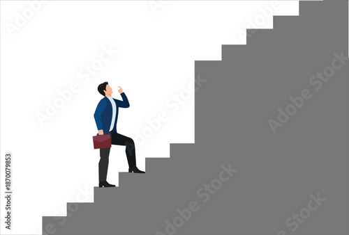 Challenge to overcome difficulty, obstacle or business problem, think of solution to get pass obstacle to success, failure or trouble concept, businessman walk up stair to find huge difficult step.