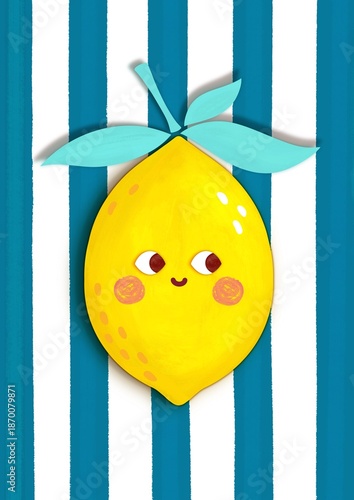 Cute Lemon Character Illustration in Kids Style, Bright Fruit Cartoon. Nursery art
