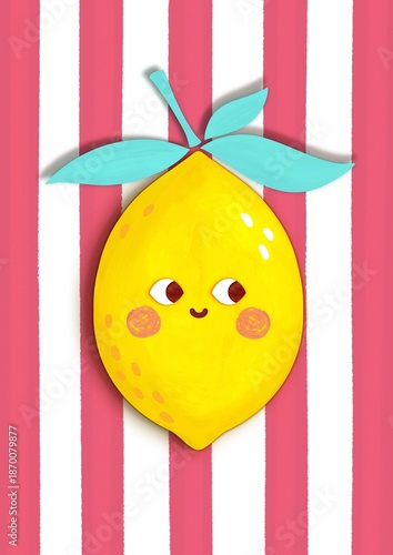 Cute Lemon Character Illustration in Kids Style, Bright Fruit Cartoon. Nursery art