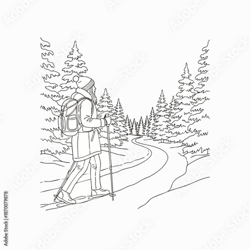 Woman snowshoeing on a scenic winter trail surrounded by snow-covered pine trees and a winding path.