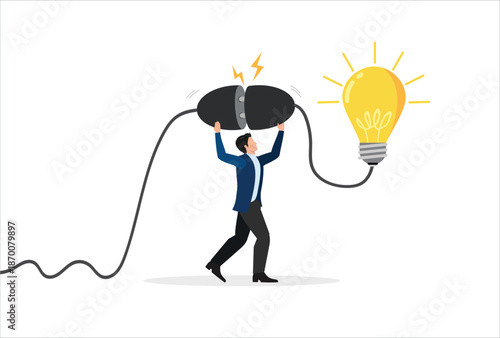 Creativity idea to get solution to solve problem, imagination or innovation for success, invention or resolution concept, smart businessman connect electric plug to turn on bright lightbulb idea.