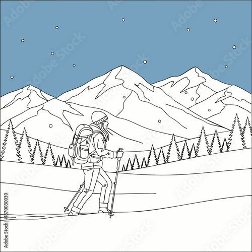 Woman hiking in snowy mountains with backpack and trekking poles, winter landscape with falling snow