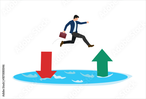 Financial plan, saving and investment or stock market rebound and economic recover concept, confidence businessman investor jump from red pointing down arrow to green rising up.