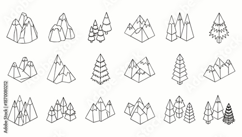 Isometric line art icons set of mountains and pine trees, perfect for nature, outdoor, and landscape design elements. Minimalist geometric vector illustrations for web and print.